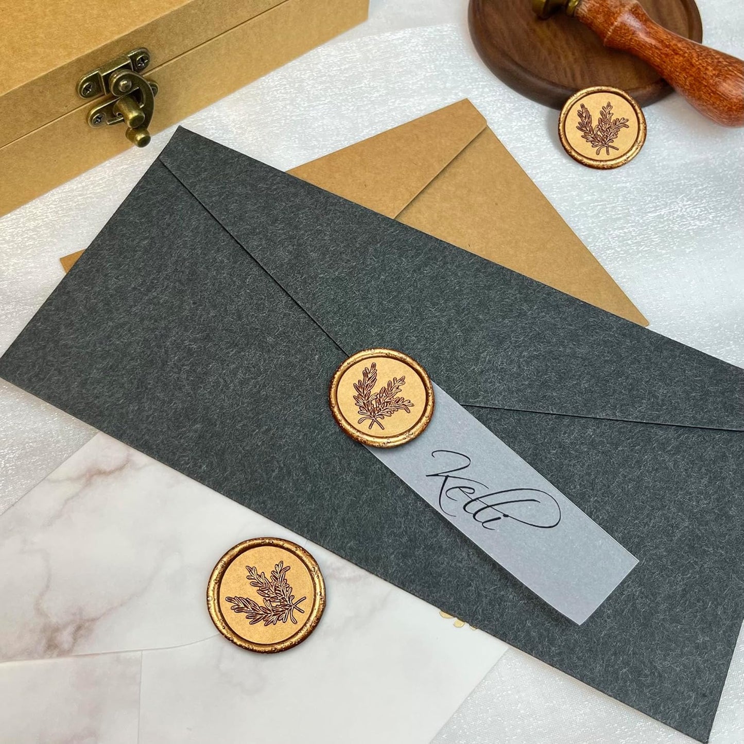 Antique Gold Rosemary Style Wax Seal Stickers, 50 Pcs, Handmade Envelope Seals for Wedding Invitations, Gift Wrap, Christmas - Waterproof, Self Adhesive