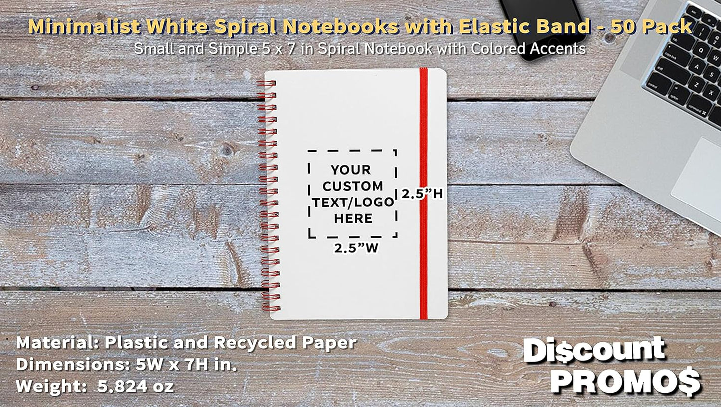 50 White Spiral Notebooks with Elastic Band Pack - Customizable Text, Logo - 80 lined pages, Recycled - Red