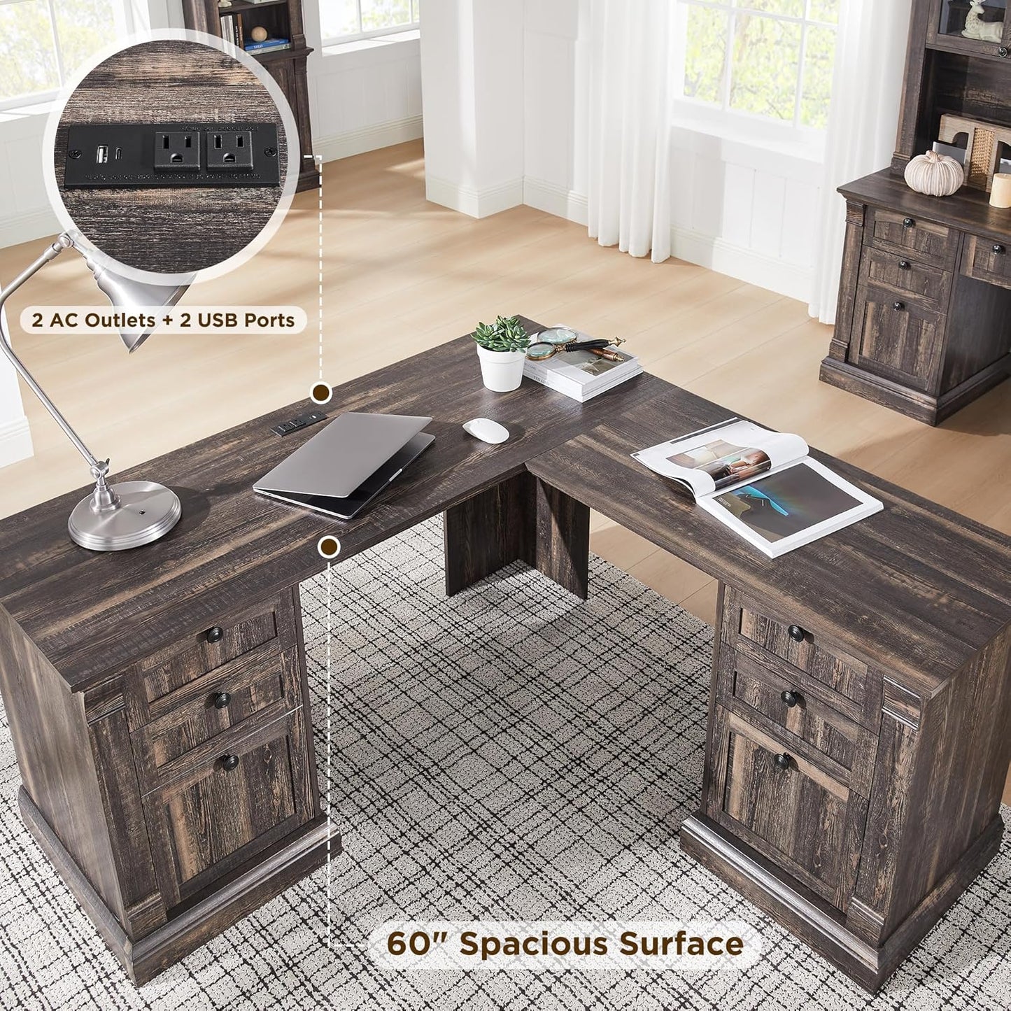 OKD 60" L Shaped Executive Desk with Drawers, Farmhouse Home Office Desk with Charging Station, File Cabinet Storage, Wood Corner Computer Desk for Work and Study, Dark Rustic Oak