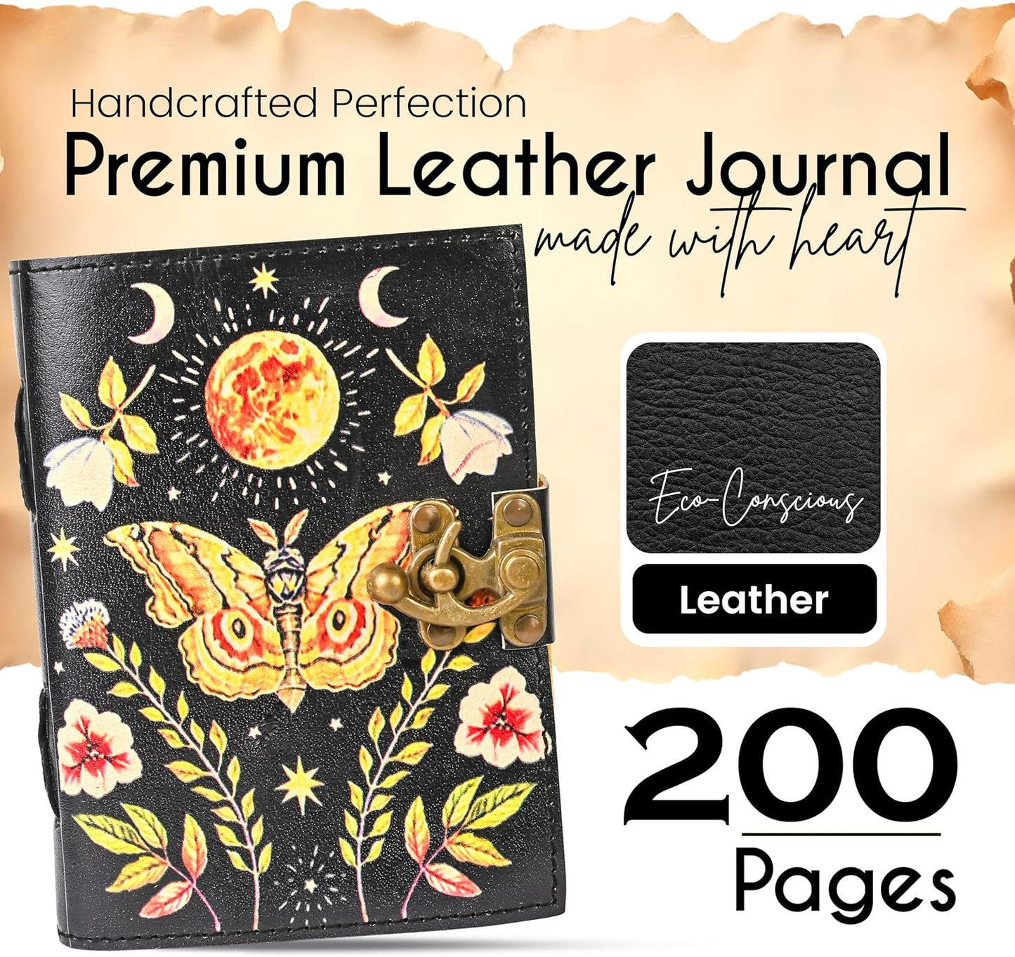 Blank Spell Book of Shadows, Luna Moth & Butterfly Leather Journal with Vintage Clasp Lock – 200 Page Antique Deckle Edge Leather Bound Notebook – Notebook Journal Gift for Men & Women