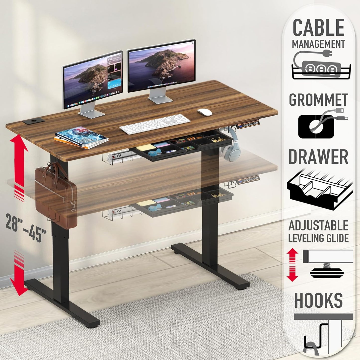 SHW 48-Inch Electric Height Adjustable Standing Desk with Drawer, Memory Preset and Cable Management Tray, Walnut