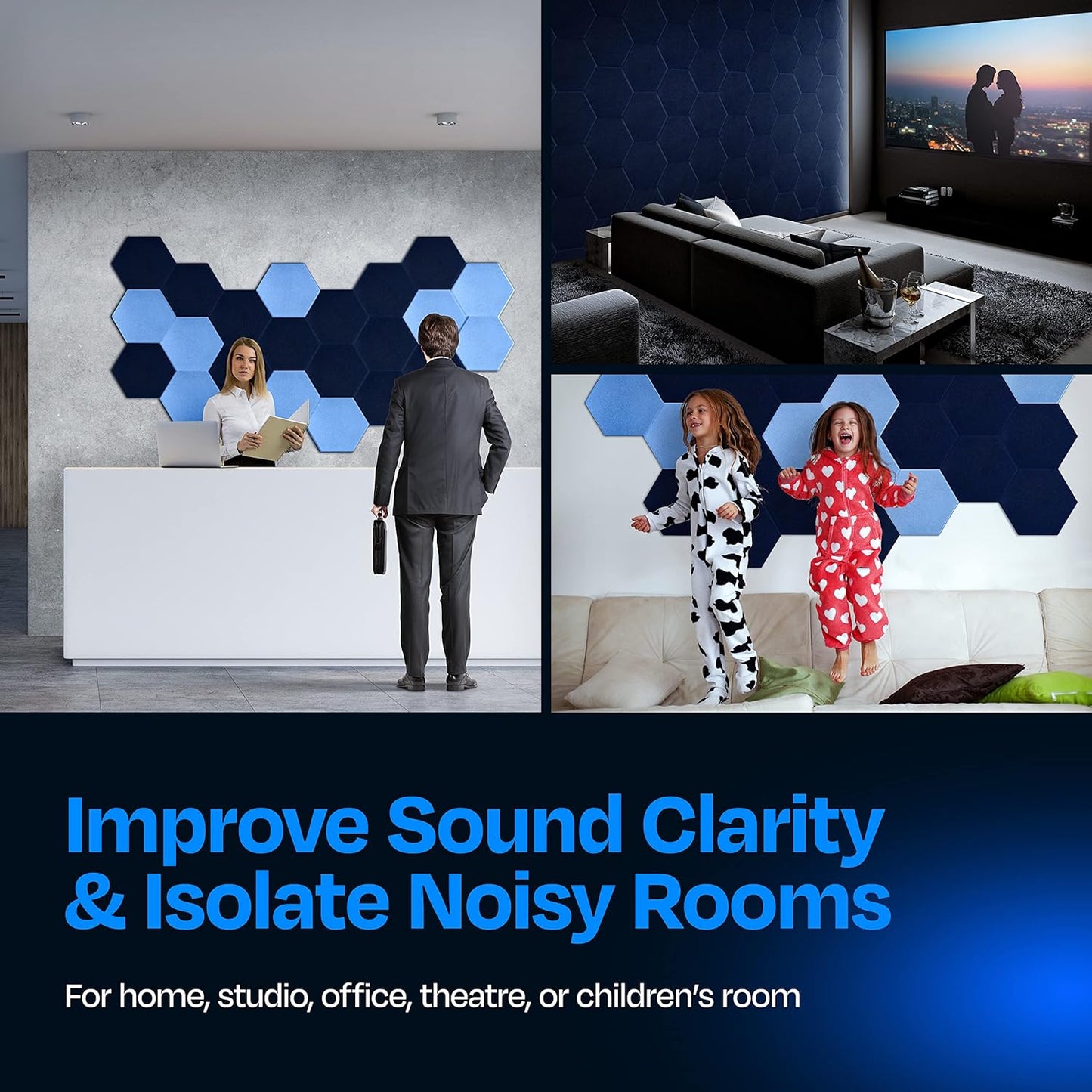 Acoustic Panels 12-Pack Soundproof Wall Panels 14"X12.1"X0.4" Sound Panels High Density Sound Dampening Panels - [Denim Blue Hexagon]