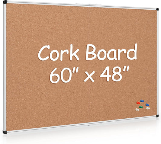 Board2by Extra Large Cork Bulletin Board 60" X 48", Foldable Notice Pin Board for Wall, Silver Aluminum Framed 5'x4' Corkboard, Wall Mounted Noticeboard with 36 Push Pins for School, Home & Office