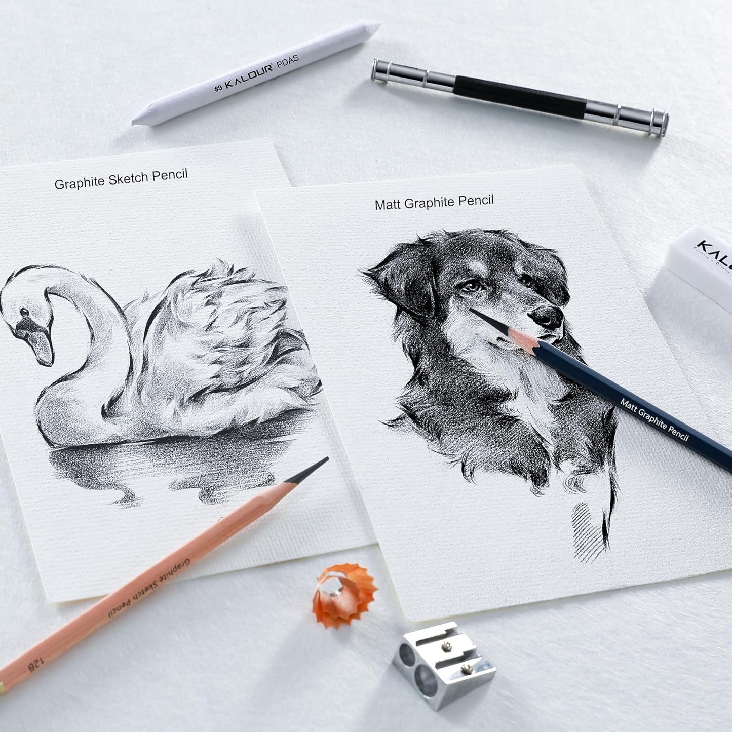 KALOUR 25-Piece Professional Sketch Pencil Set with Matte and Regular Pencils - Includes Vinyl Eraser, Kneaded Eraser, Sharpener, Pencil Extender and Blending Stump - Ideal for Artists and Beginners