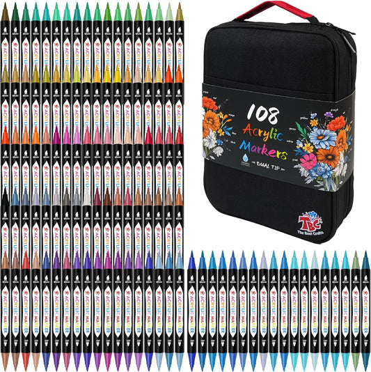 TBC The Best Crafts 108 Colors Dual Tip Acrylic Paint Markers, Double zipper design Topgrade Canvas bag,Waterproof, Non-Toxic, odorless, Suitable for Paper,Pottery, Stones, Glass,outdoor painting
