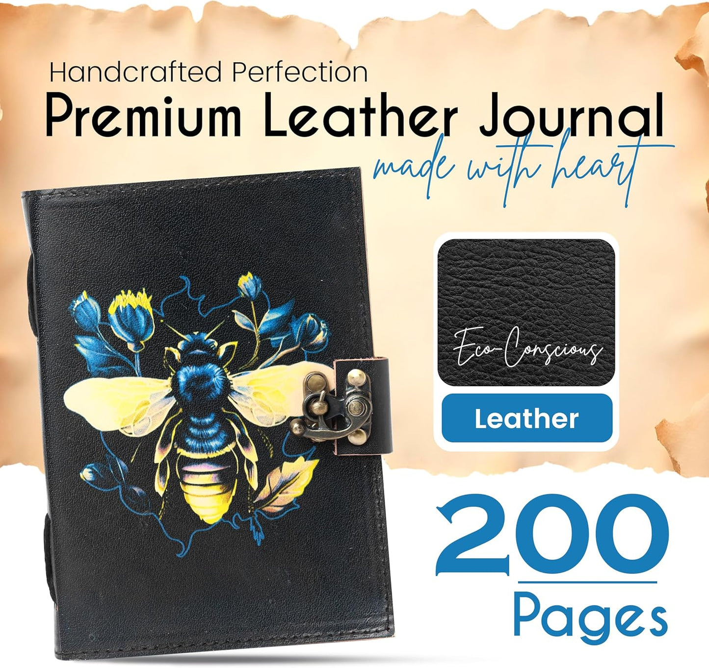 Busybee Spell Book of Shadow Leather Journal Diary with Clasp Lock – 200 Page Deckle Edge Leather Bound Notebook – Vintage Notebook for Writing, Drawing, Home, Office, Travelling