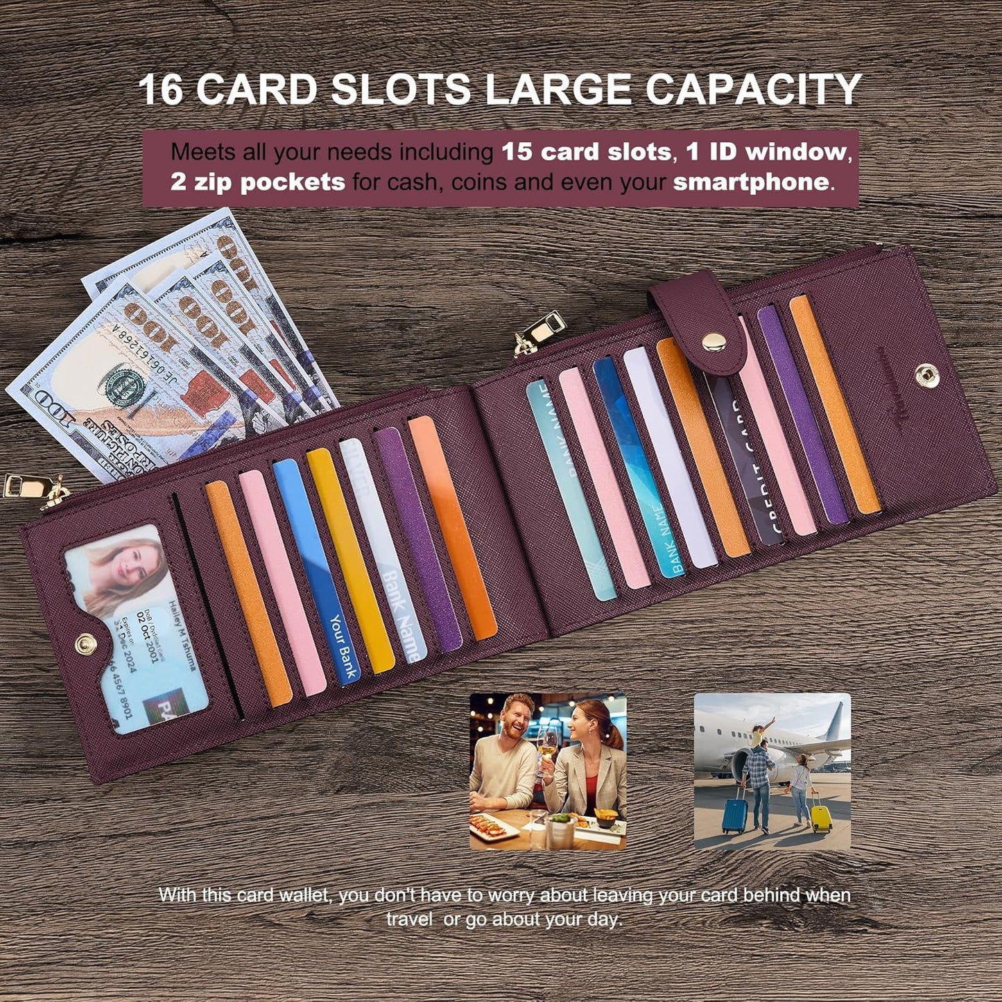 Travelambo RFID Wallet Women Large Size Bifold Multi Card Wallet Case with Zipper Pocke Credit Card Holder for Women