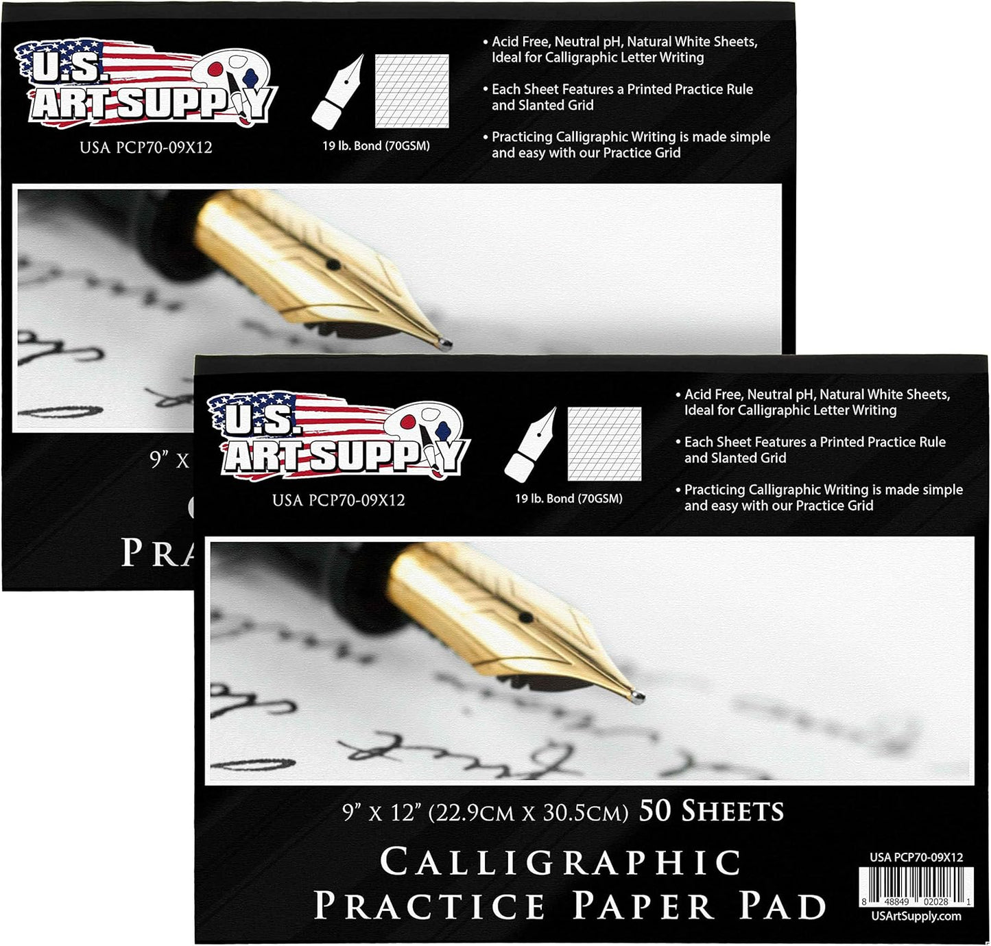 U.S. Art Supply (Pack of 2 Pads) - 9" x 12" Premium Calligraphic Practice Paper Pad, 19 Pound Bond (70gsm), Pad of 50-Sheets, Calligraphy Paper with Printed Practice Rule and Slanted Grid