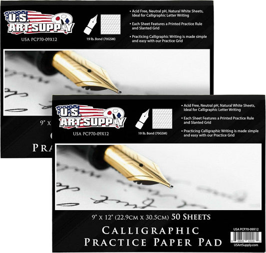 U.S. Art Supply (Pack of 2 Pads) - 9" x 12" Premium Calligraphic Practice Paper Pad, 19 Pound Bond (70gsm), Pad of 50-Sheets, Calligraphy Paper with Printed Practice Rule and Slanted Grid