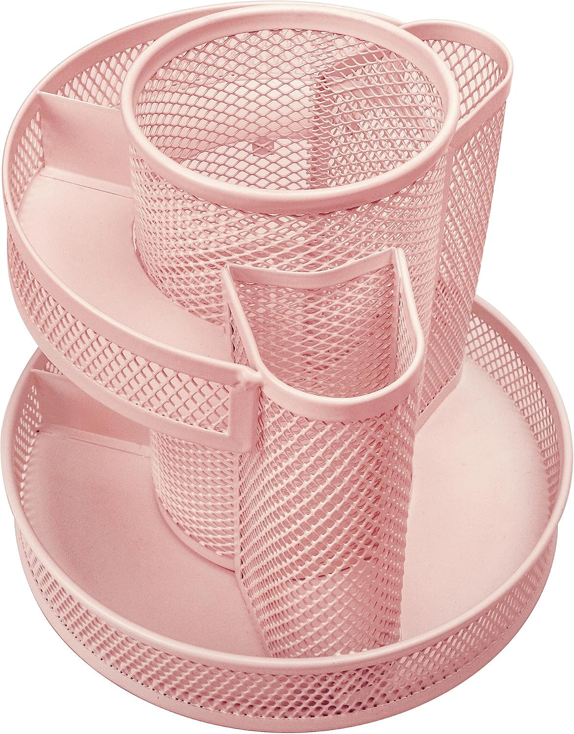 Annova Mesh Desk Organizer Rotate with 5 Compartments Round Spinning Tidy Candy/Pen Holder Desk Accessories Office, Art Supply, Storage, Classroom, Home (Light Pink)