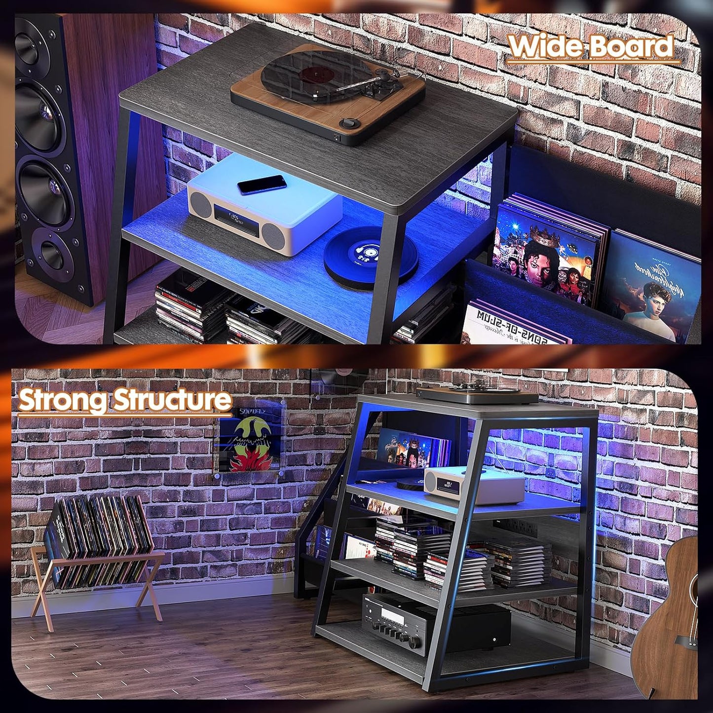 AV Media Stand with Outlets, Stereo Stands and Racks with Vinyl Storage, Stereo Stand with Record Storage, Audio Stereo Rack Cabinet, Turntable Console Stand with LED lights, 4 Tiers, Walnut Grey