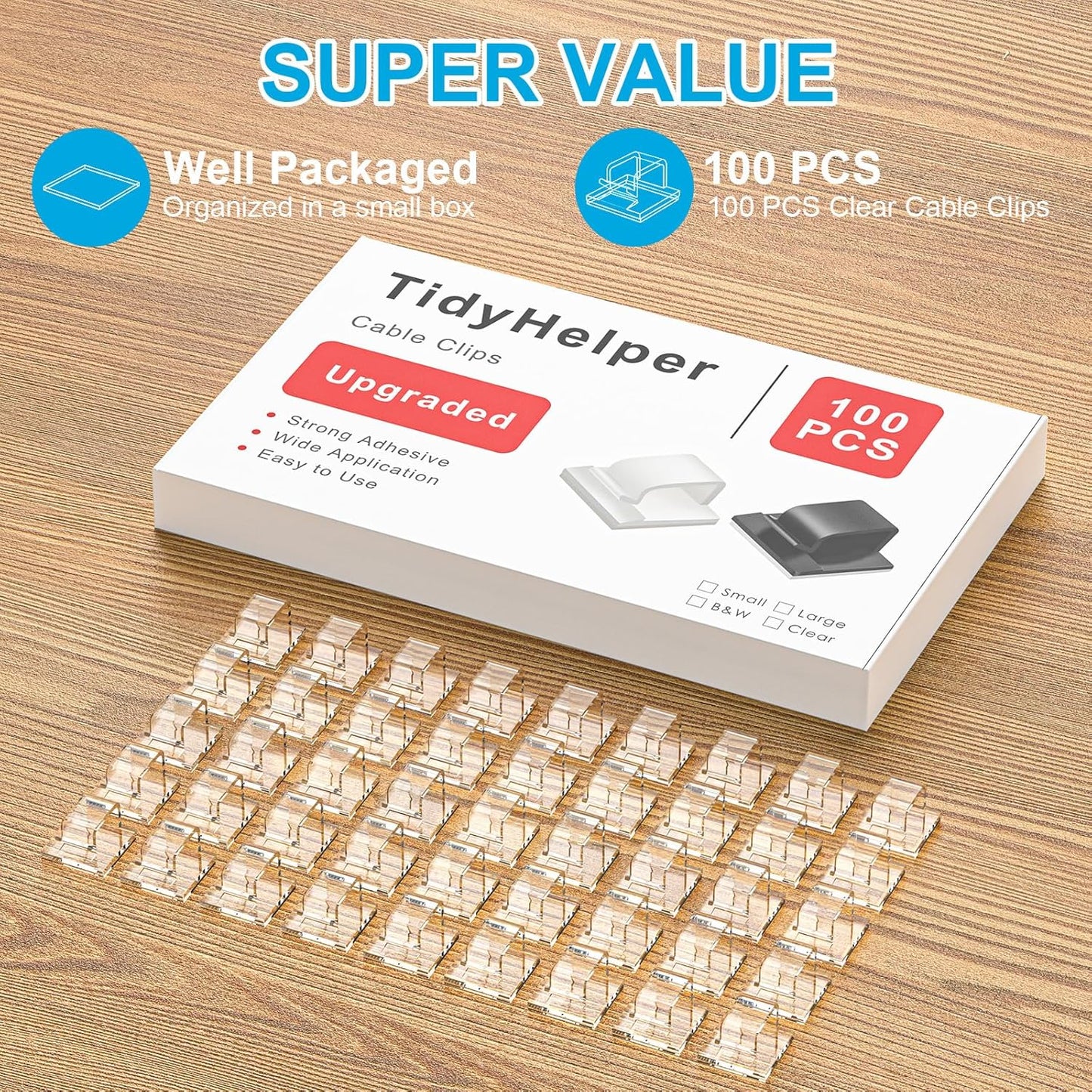 100 PCS Outdoor Light Clips for Christmas Lights (Large, Clear), Adhesive Cable Clips for Cable Management Under Desk, Wall Wire Holders Hooks Cord Organizer for LED Lights, Car, PC