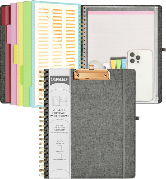 Ospelelf Foldable Spiral Clipboard Folio with Storage Zipper Pouch, 5 Plastic Folders with 10 Pockets,Refillable Lined Notepad (11" x 8.5"), Hardcover Project Organizer with 39 Stickers (Dark Grey)