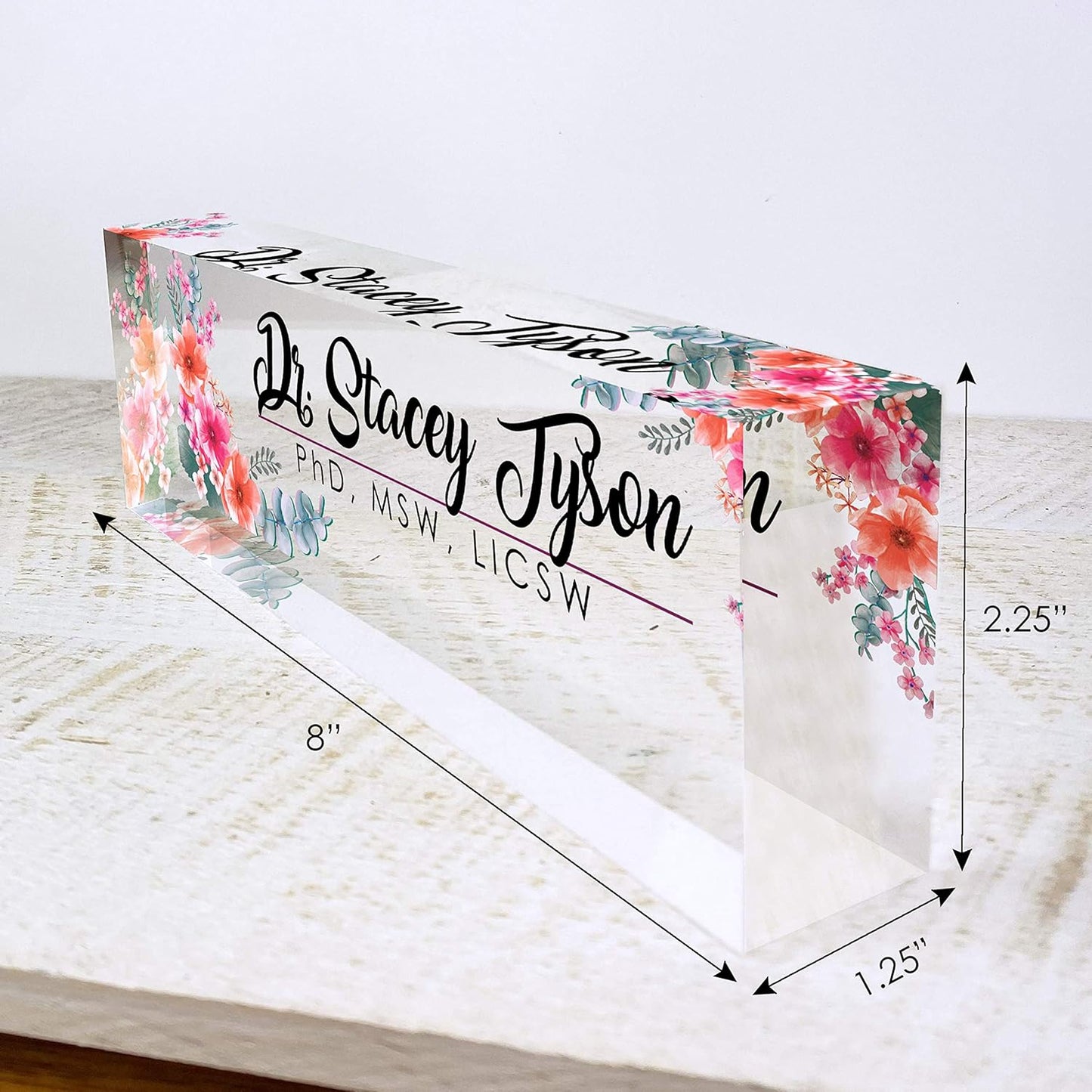 Artblox Office Desk Name Plate Personalized | Custom Name Plates for Desks | Flowers Wild Design On Clear Acrylic Glass | Office Desk Decor - (8" x 2.5")