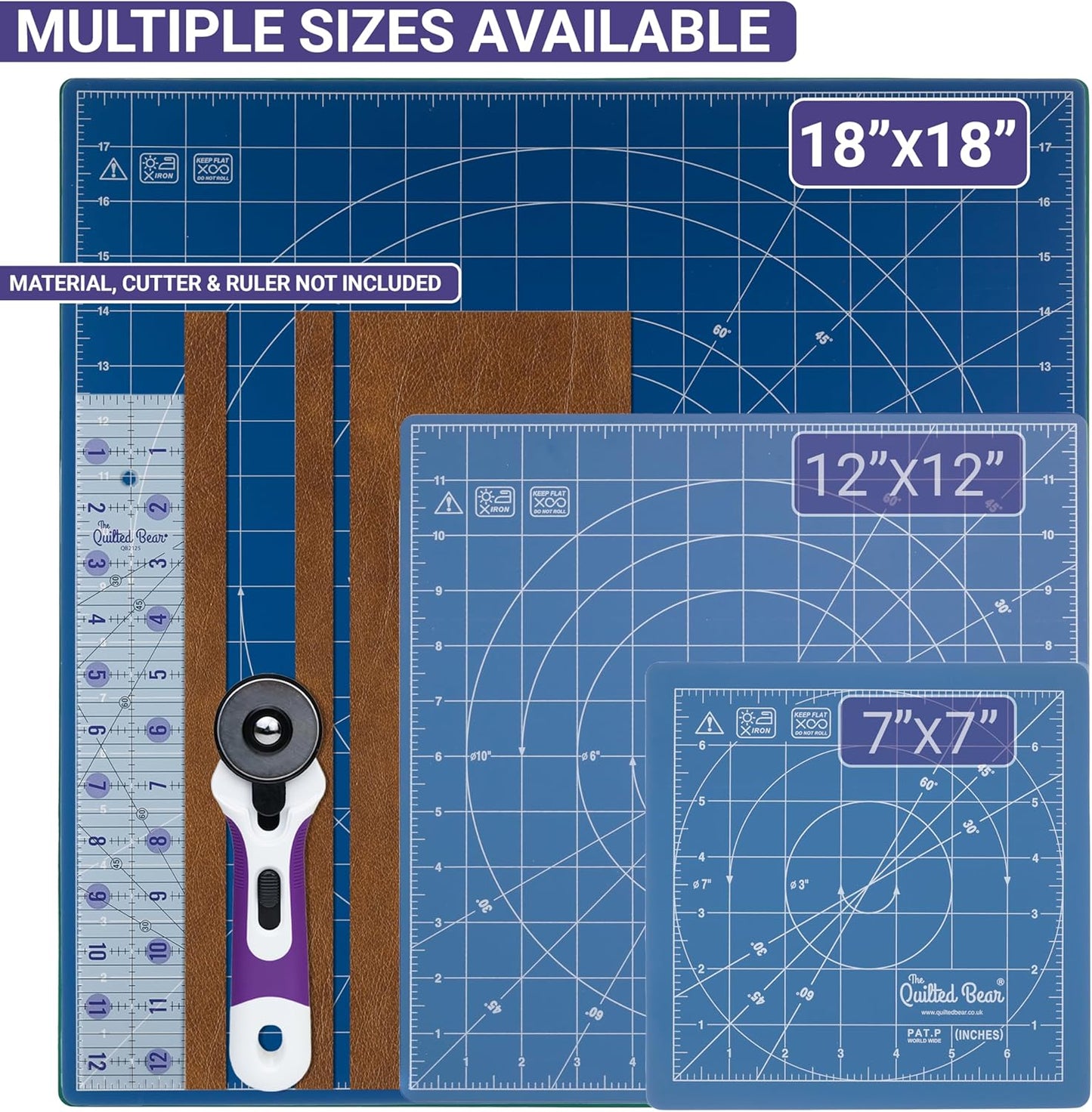 The Quilted Bear Rotating Cutting Mat 18" x 18" - Locking & Rotating Self Healing Cutting Board for Sewing, Fabric & Effortless Quilting - 360 Degree Sewing Supplies Mat for Craft Table (Blue)