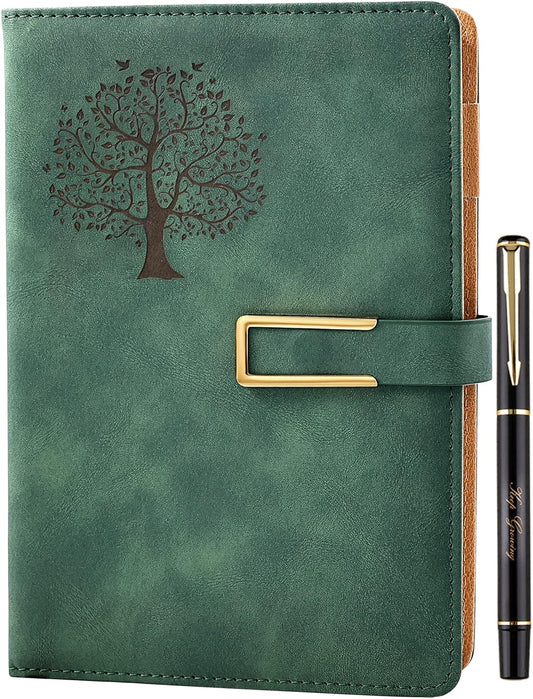 Fanery Sue Tree of Life Refillable Writing Journal for Women&Men Faux Leather Hardcover Notebook A5 College Ruled 200 Lined Pages Lay-Flat Personal Diary with Pen&Magnetic Buckle (Tree of Life-Green)