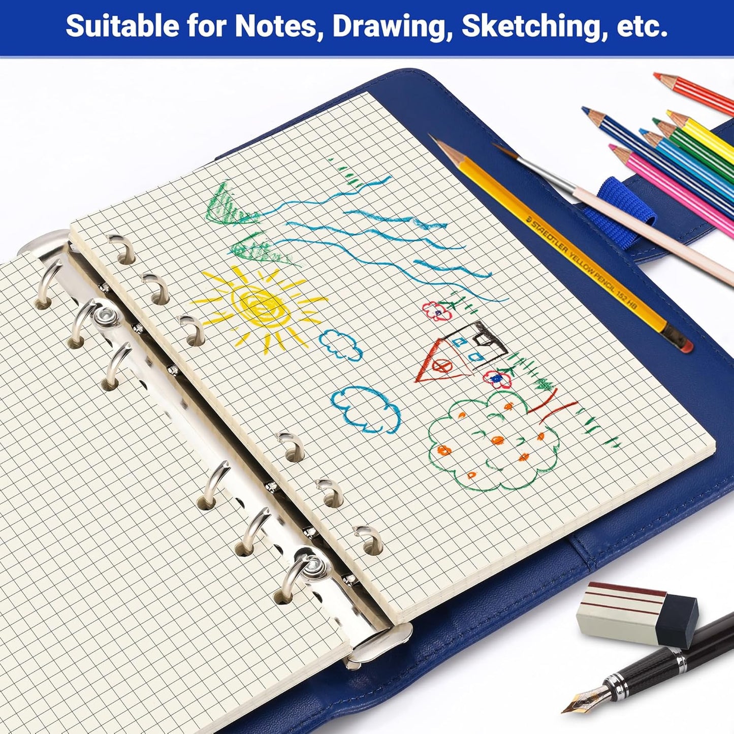 A6 Grid-Ruled Refill Paper, 100gsm Thick Beige No-Bleed Sheets (2 Packs, 80 Sheets Each), Pre-Punched – Fits A6 6-Ring Binders for Office, School & Teachers