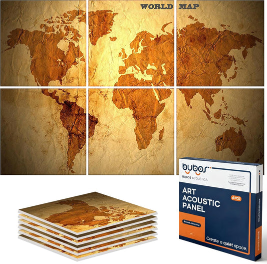 BUBOS 6 Pack Art Acoustic Panels Soundproof Wall Panel,70.8X47.2 Inches Large Sound Absorbing Panel,Self-adhesive Decorative Acoustical Wall Panels, Acoustic Treatment for Home Office（World Map）