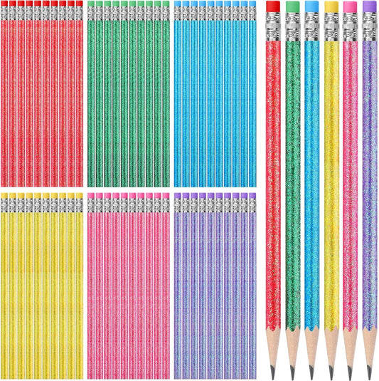 TecUnite 60 Pcs HB Pencils #2 Unsharpened Wood Cased Pencils with Eraser Hexagonal Pencil Cute Graphite No 2 Pen for Adults Gifts Exam School Office Sketching Learning (Glitter Color, Silver)