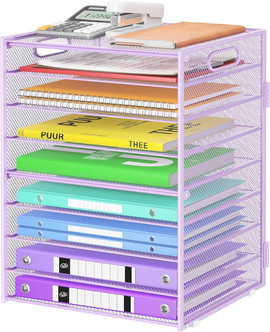 9 Tier Paper Organizer with Handle, Large Capacity Desk Organizer Mesh File Folder Letter Paper Tray Desktop Document Sorter for Classroom, School, and Office Accessories Organization- Purple