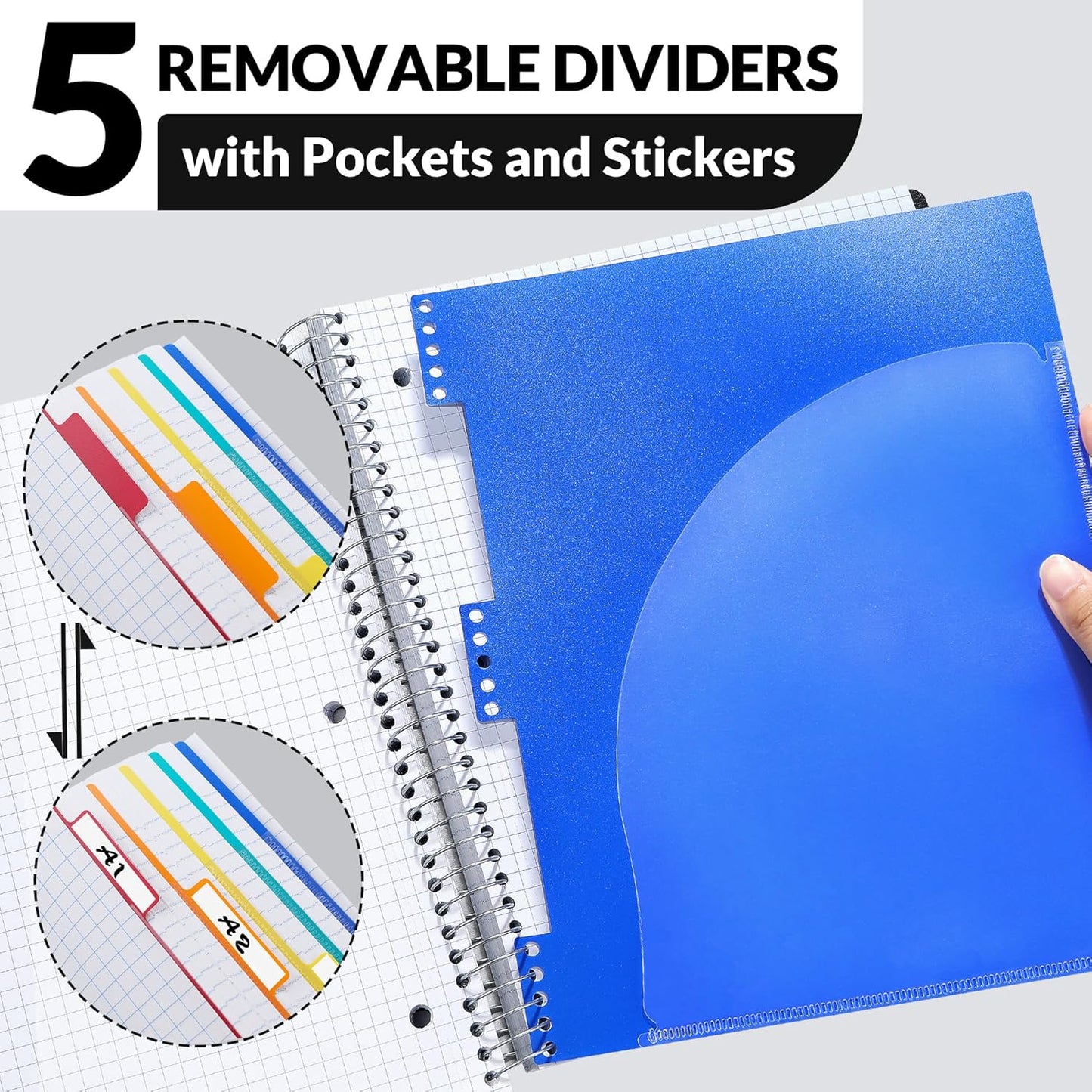 SUNEE 5 Subject Graph Paper Notebook - 400 Pages, 9"x11", 4x4 Graph Ruled Notebook, 5 Pocket Colored Dividers, 3-Hole Punched Paper, Black