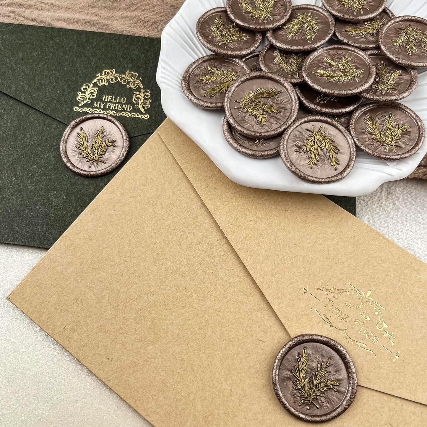 50Pcs Gold & Champagne Gold Wax Seal Stickers Handmade Envelope Seals Self Adhesive Wax Stickers for Wedding Party Invitations, Envelope, Gift Wrap, Christmas(Gold Rosemary Style, Champagne Gold Wax)