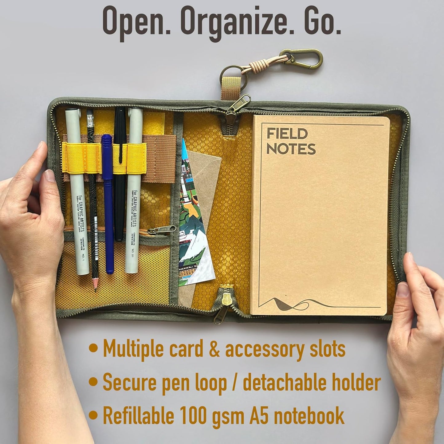 Le Vent A5 Field Notebook Organizer – 3-Layer Waxed Canvas Refillable Travelers Journal, Planner (200 Pages, 5x8) – Fits Moleskine, LEUCHTTURM1917, Hobonichi, Midori & Field Notes – Travel & Office Ready