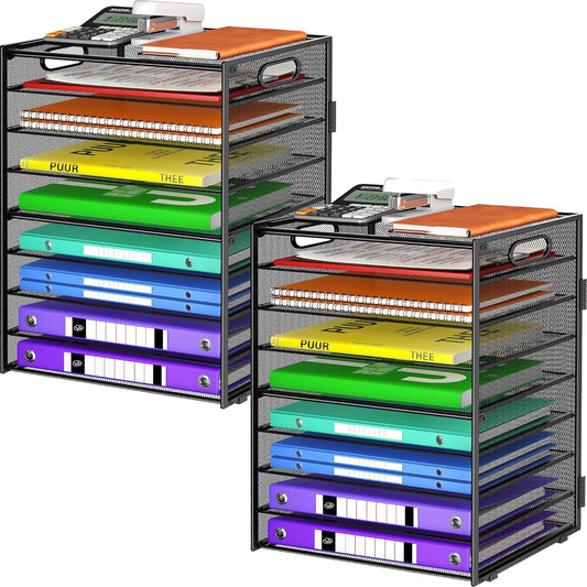 9 Tier Paper Organizer with Handle, Large Capacity Desk Organizer Mesh Paper Letter Tray File Folder Document Sorter for Classroom and Office Accessories Organization- Black (2 Pack)