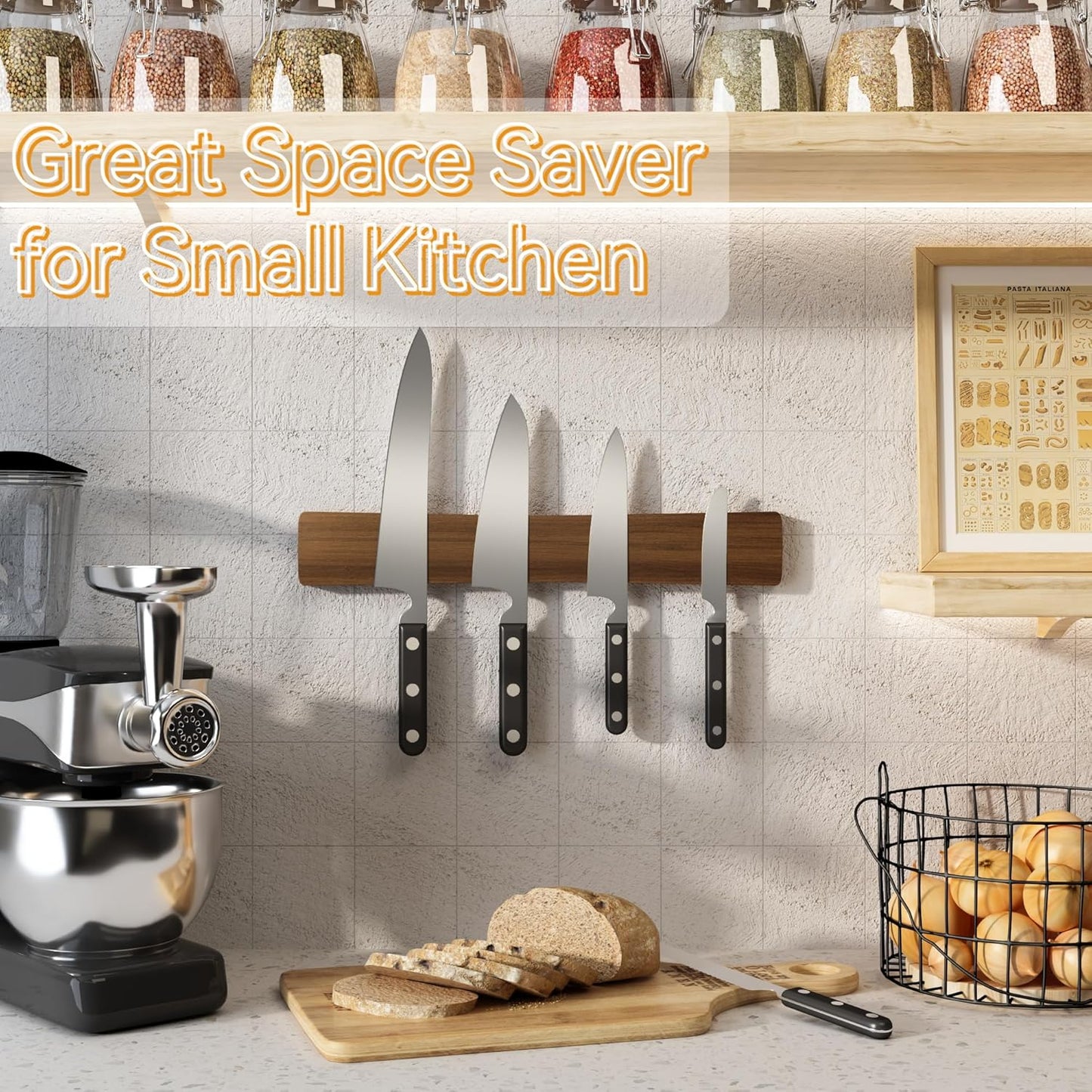 Magnetic Knife Holder for Wall, Acacia Wood Knife Magnetic Strip No Drill Knife Magnet Storage Bar Magnetic Tool Key Holder Strip for Kitchen Utensil Organizer (Dark Brown, 16 Inch)