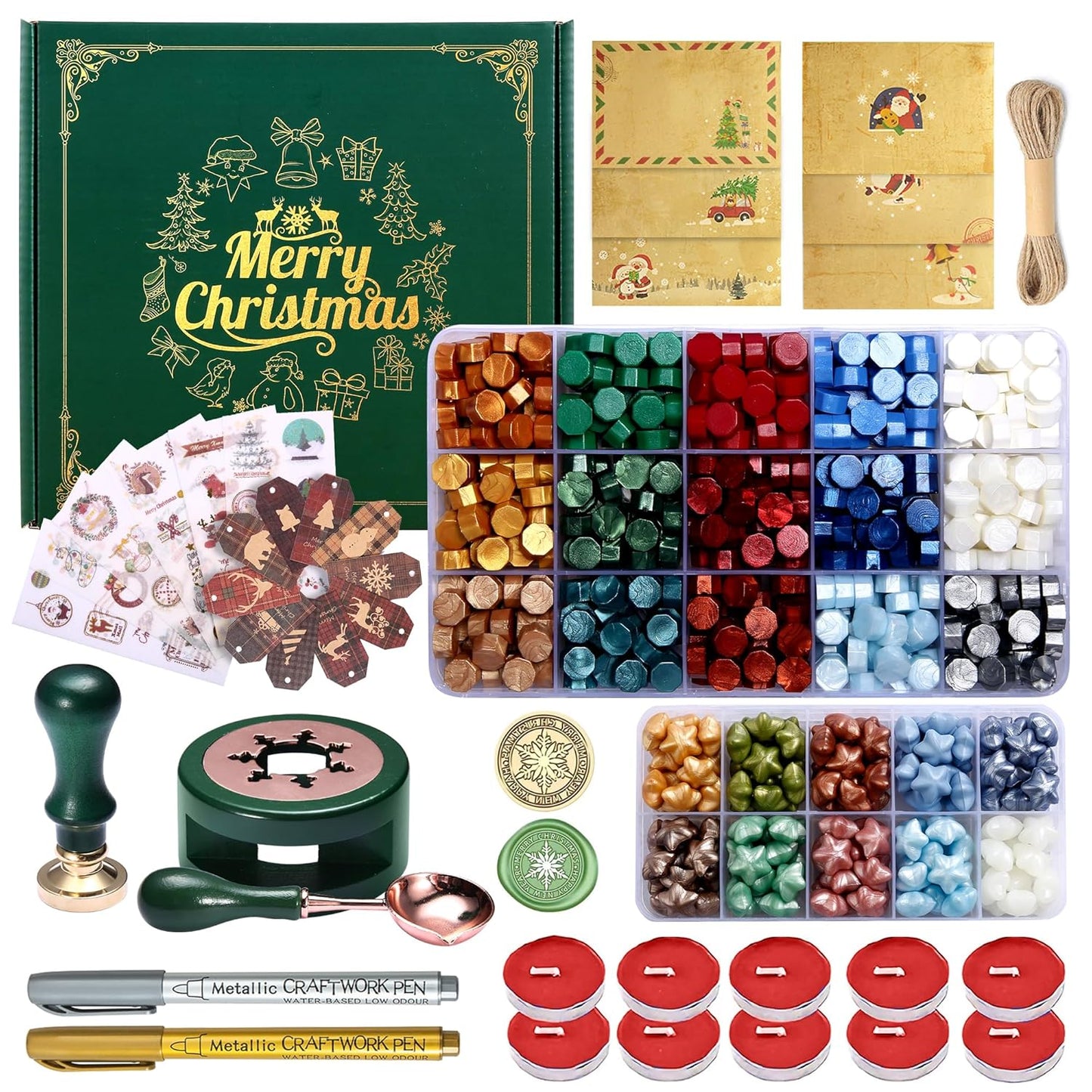 Christmas Wax Seal Kit with Snow Wax Seal Stamp, 25 Colors Wax Seal Beads with Sealing Wax Warmer, Xmas Washi Stickers, Gift Tags, Envelope, Candle, Wax Seal Stamp Kit for Gift and Craft