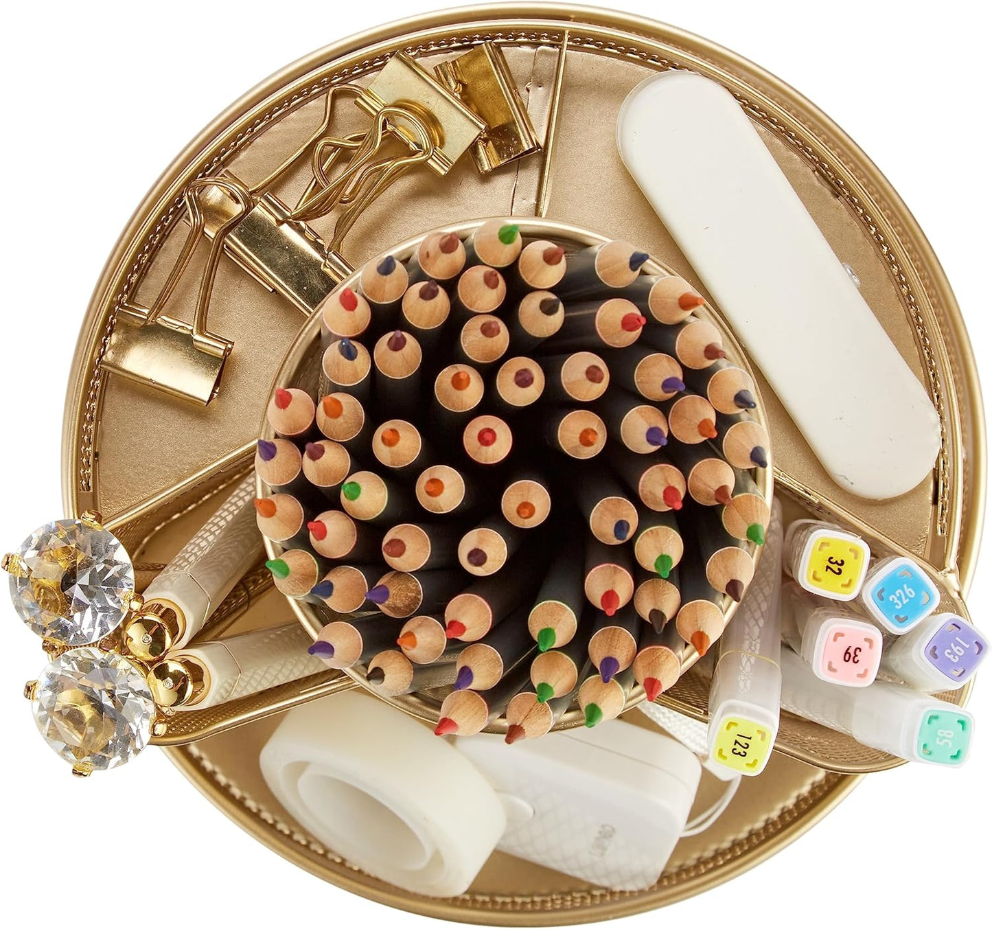 Annova Mesh Desk Organizer Rotate with 5 Compartments Round Spinning Tidy Candy/Pen Holder Desk Accessories Office, Art Supply, Storage, Classroom, Home (Gold)