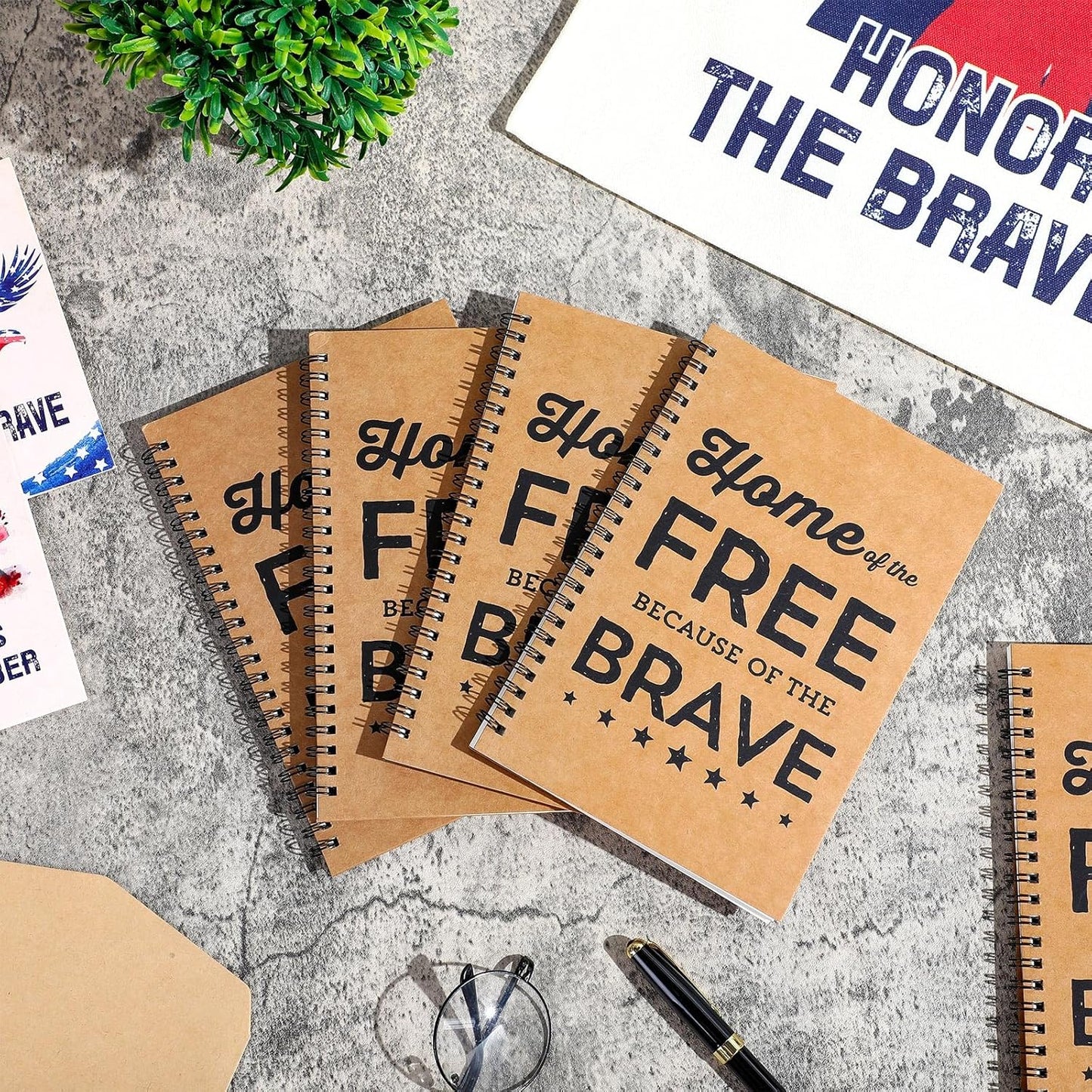 6 Pack Veteran Gifts Veteran Blank Notebook Home of the Free Because of the Brave A5 Spiral Notebook Journal 100gsm Thick Blank Paper & Hard Kraft Cover for US Army Military Men Grandpa