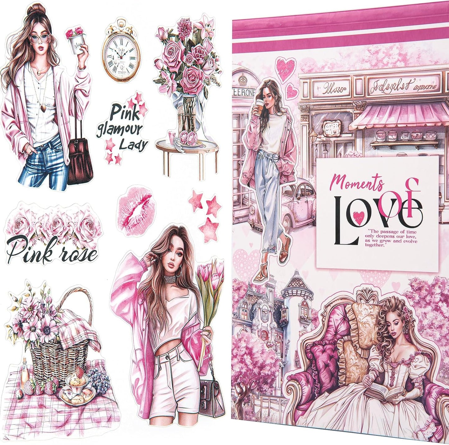 YagCu Journal Sticker Book, Moment of Love Scrapbook Stickers, Junk Journal Supplies, Pre-Cut Aesthetic Scrapbooking and Journaling for Women, Pink Decorative Ephemera Bullet Planner DIY Arts