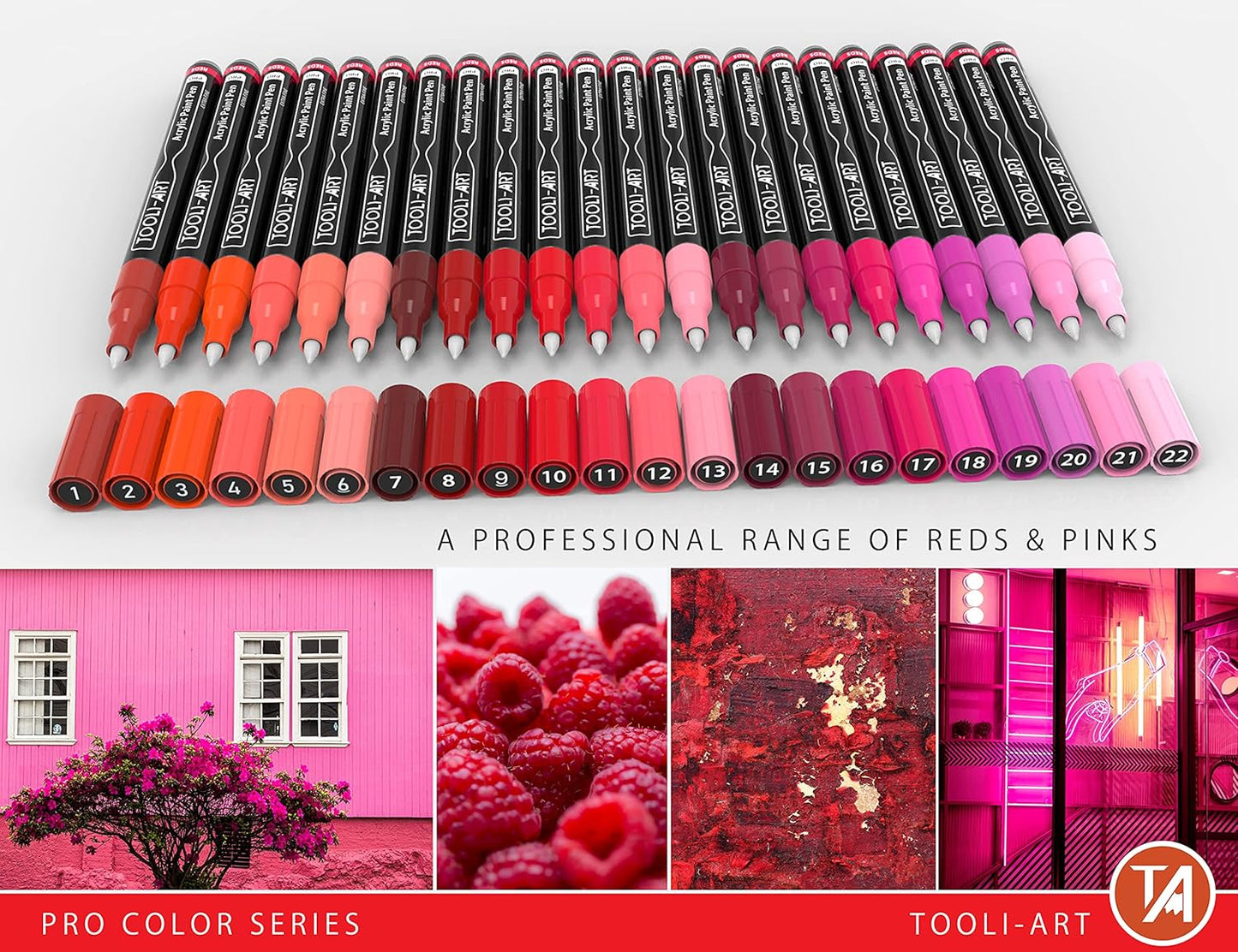 Acrylic Paint Pens 22 Red & Pink Tones Assorted Pro Color Series Markers Set 0.7mm Extra Fine Tip for Rock Painting, Glass, Mugs, Wood, Metal, Canvas, Projects, Non Toxic, Waterbased, Quick Drying