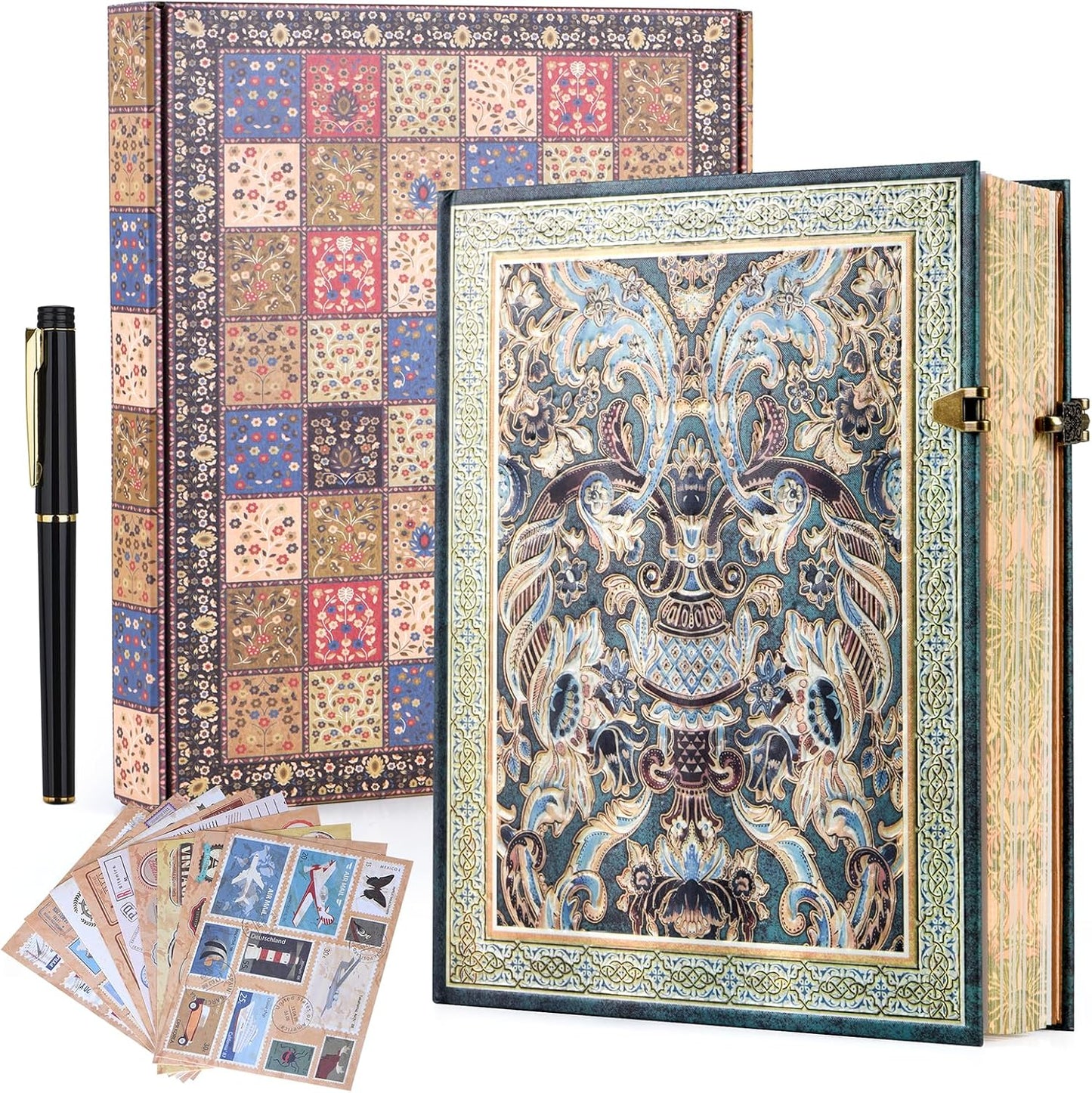 3D Hot Stamp Nocturne Blue Hardcover Journal - 192 Blank Lined Pages w/Envelope Pocket - Deep Blue & Gold Totem Design for Students, Travel Diary & Anniversary