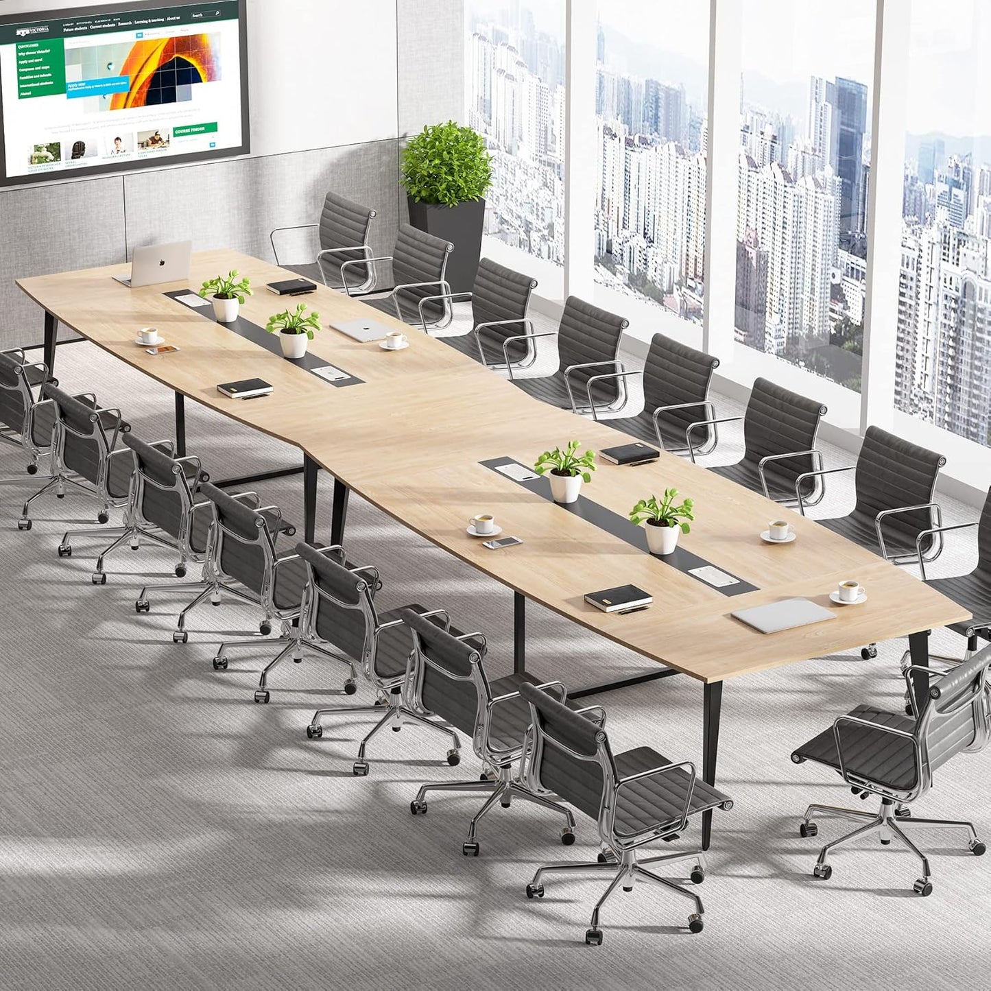 Tribesigns 8FT Conference Table, 94.48L x 47.21W x 29.52H Inches Boat Shaped Meeting Table with Rectangle Grommet, Modern Seminar Boardroom Table for Office Conference Room (Light Wood Grain, 8ft)