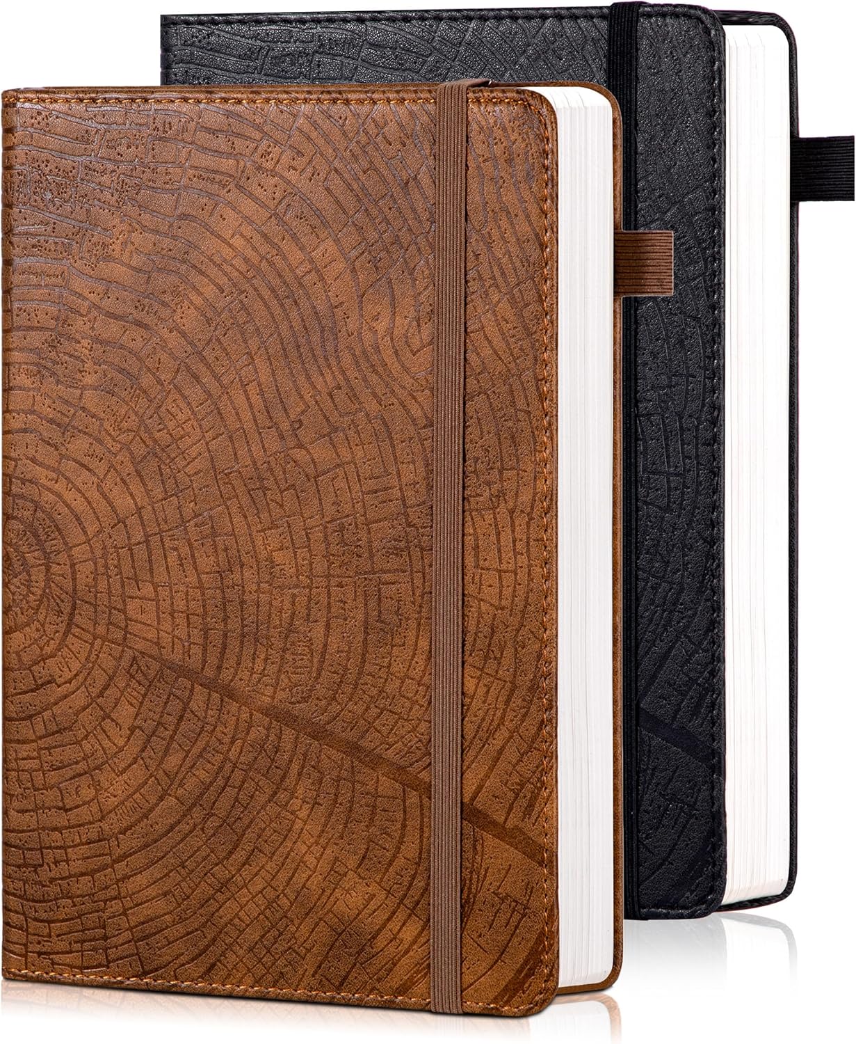 CAGIE Lined Journal for Men Women, Tree Growth Ring Leather Bound Journal Notebook, 256 Pages 100 GSM Journals for Writing, A5 Hardcover Journaling Notebooks,2 Pack (Brown & Black)