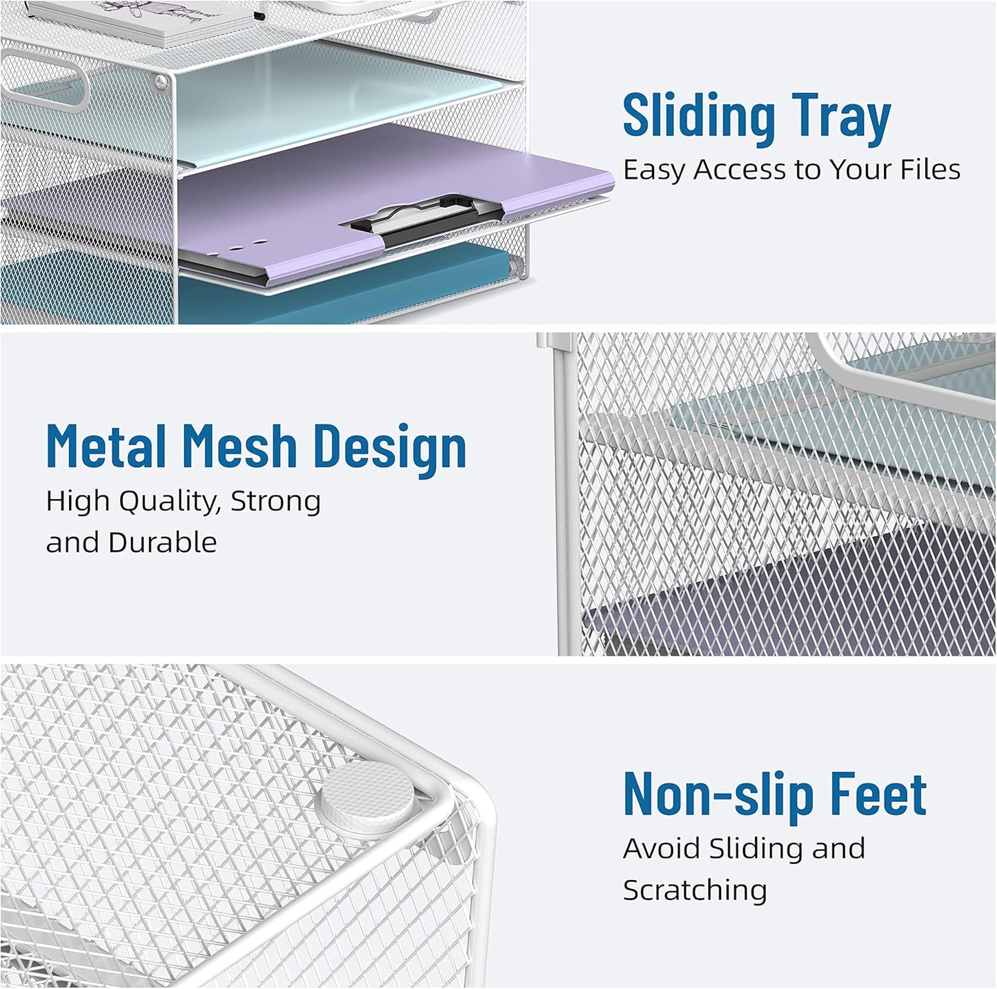 DALTACK 3 Tier Letter Tray Paper Organizer with Handle, Mesh Desk File Organizer, Paper Tray Desk Organizer for School Office Home, Metal Mesh, White