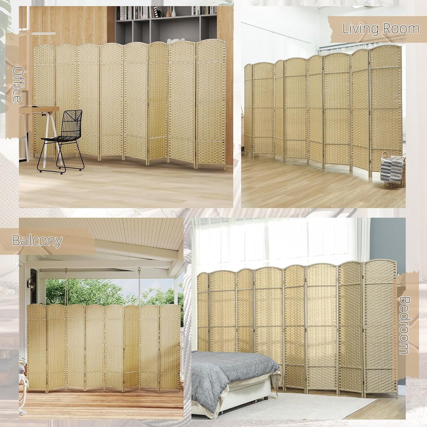 HOMCOM Room Divider, 8 Panel Folding Privacy Screen, 5.6' Tall Freestanding Wall Partition for Home Office, Bedroom, Beige