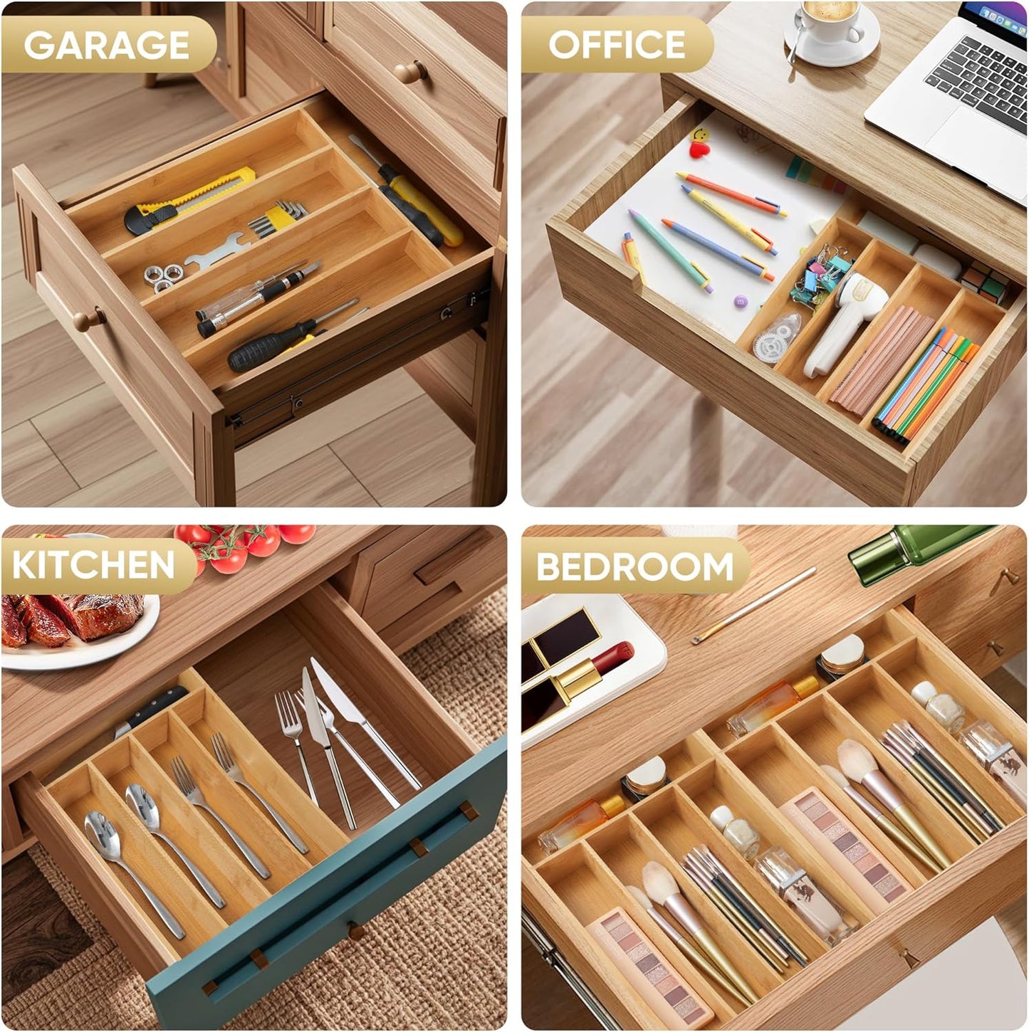 Silverware Organizer, 10 Inch Utensil Organizer Kitchen Drawer Organizer Bamboo Silverware Holder Cutlery Tray Organizer in Drawer Flatware Organizer Tray(5 slots, Natural）