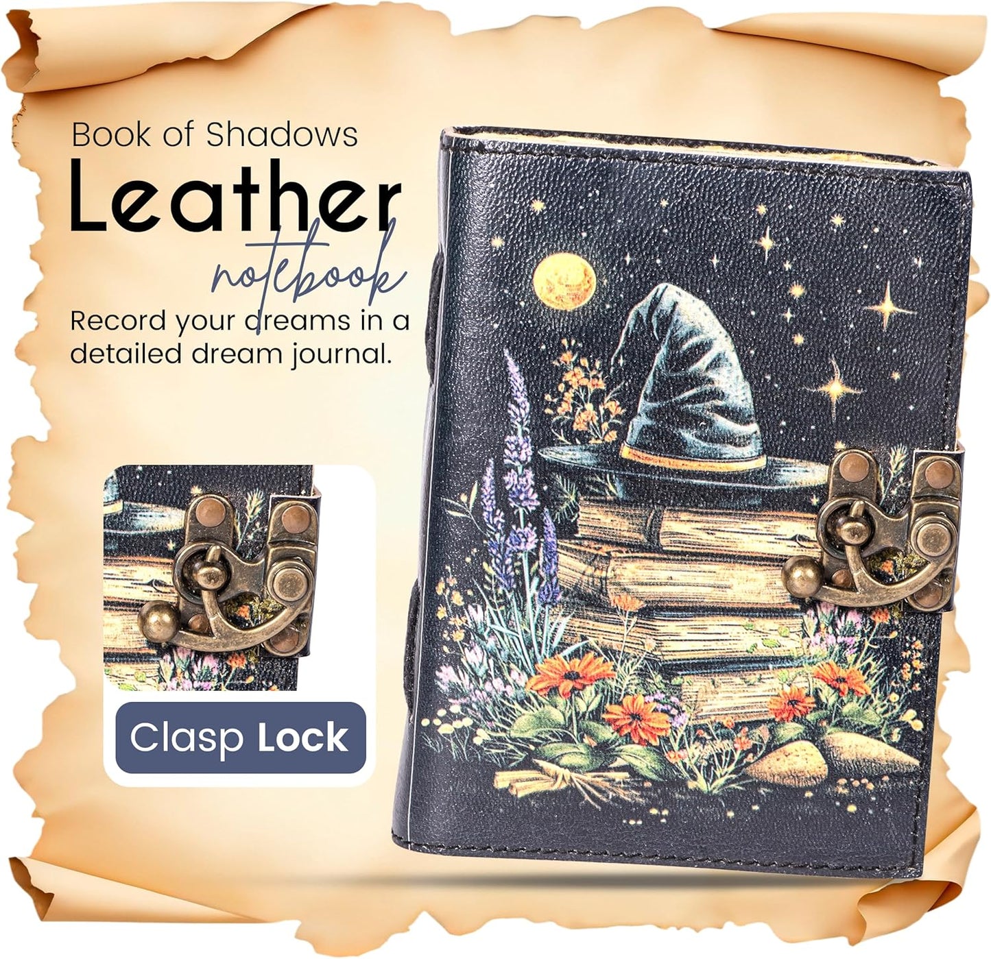 Book of Shadows Leather Journal, Merry Christmas Spellbook with Vintage Clasp Lock – 200 Page Antique Deckle Edge Leather Bound Notebook – Notebook Journal Christmas Gift For Men & Women