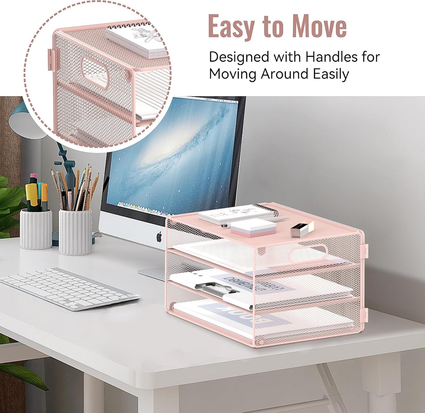 DALTACK 3 Tier Letter Tray Paper Organizer with Handle, Mesh Desk File Organizer, Paper Tray Desk Organizer for School Office Home, Metal Mesh, Pink