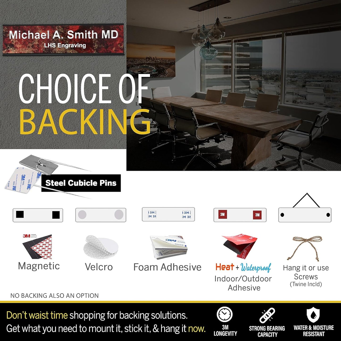 Engraved Name Plates for Door Sign Personalized Brushed Brass Plastic Plaque with Black Letters - Made in USA 2x4 M6