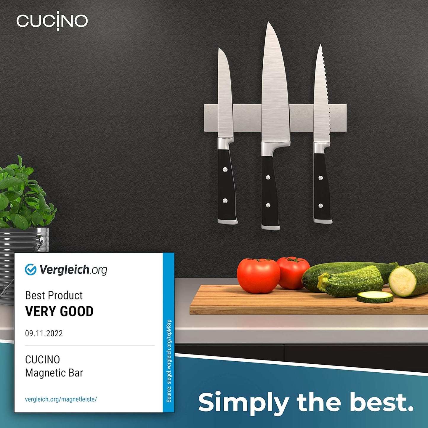 CUCINO Magnetic Knife Holder for Wall 10" No Drilling incl. Self Adhesive Tape - Extra strong Knife Holder - Awarded Knife Magnetic Strip - Made of Stainless Steel