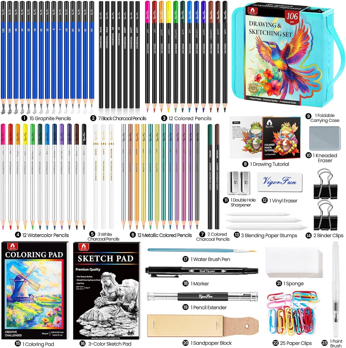 106 PCS Art Supplies Sketching Kit, Pro Drawing Pencils with 3-Color Sketchbook, Coloring Book, Colored Graphite Charcoal Watercolor & Metallic Pencils, Drawing Supplies Gifts for Artists Adults Kids