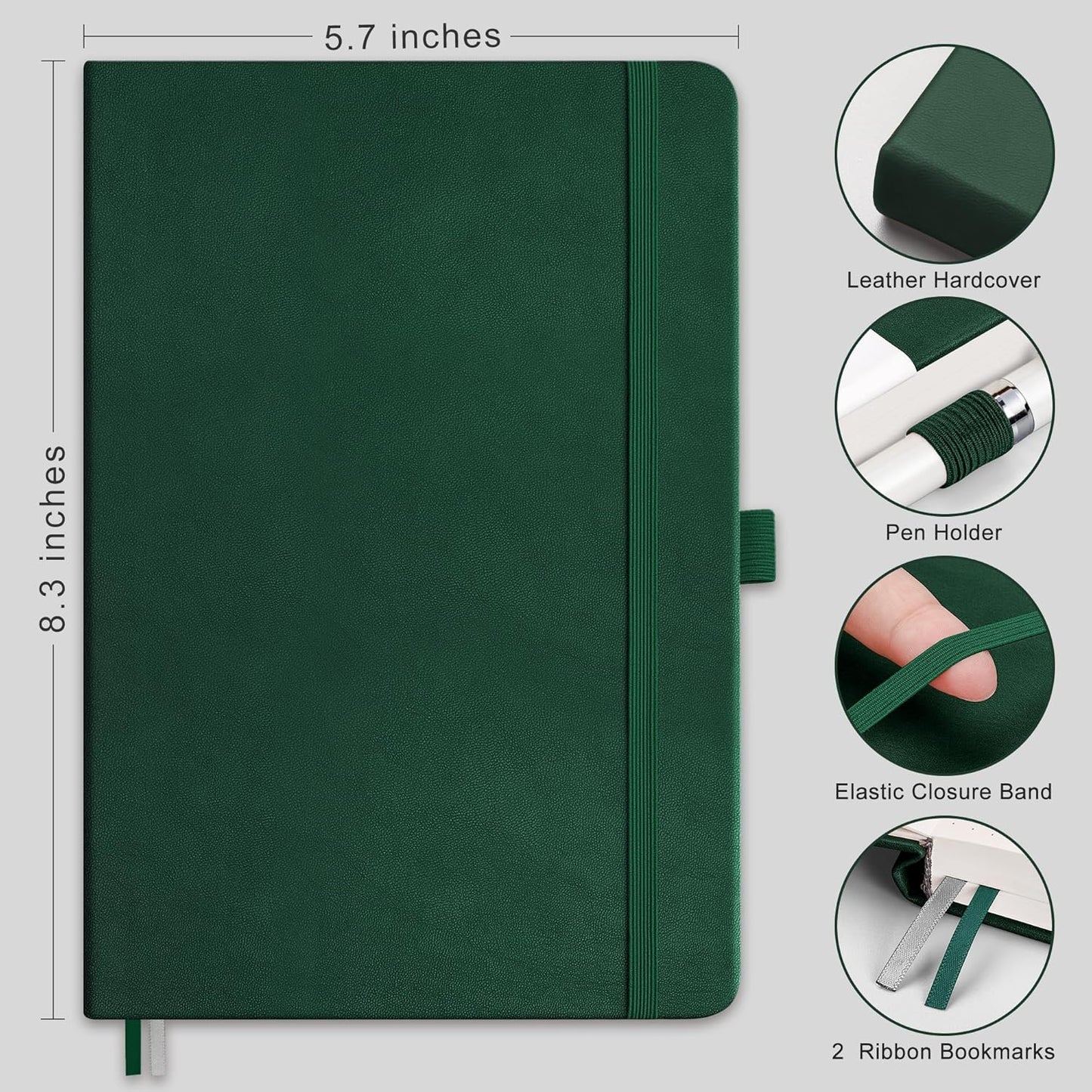 RETTACY Graph Grid Paper Notebook, 2-Pack, 192 Pages per Pack, A5 Medium Size (5.7'' x 8.3''), Leather Hardcover, 100 GSM Thick Paper, for School, Students, Math, Engineering (Black & Dark Green)