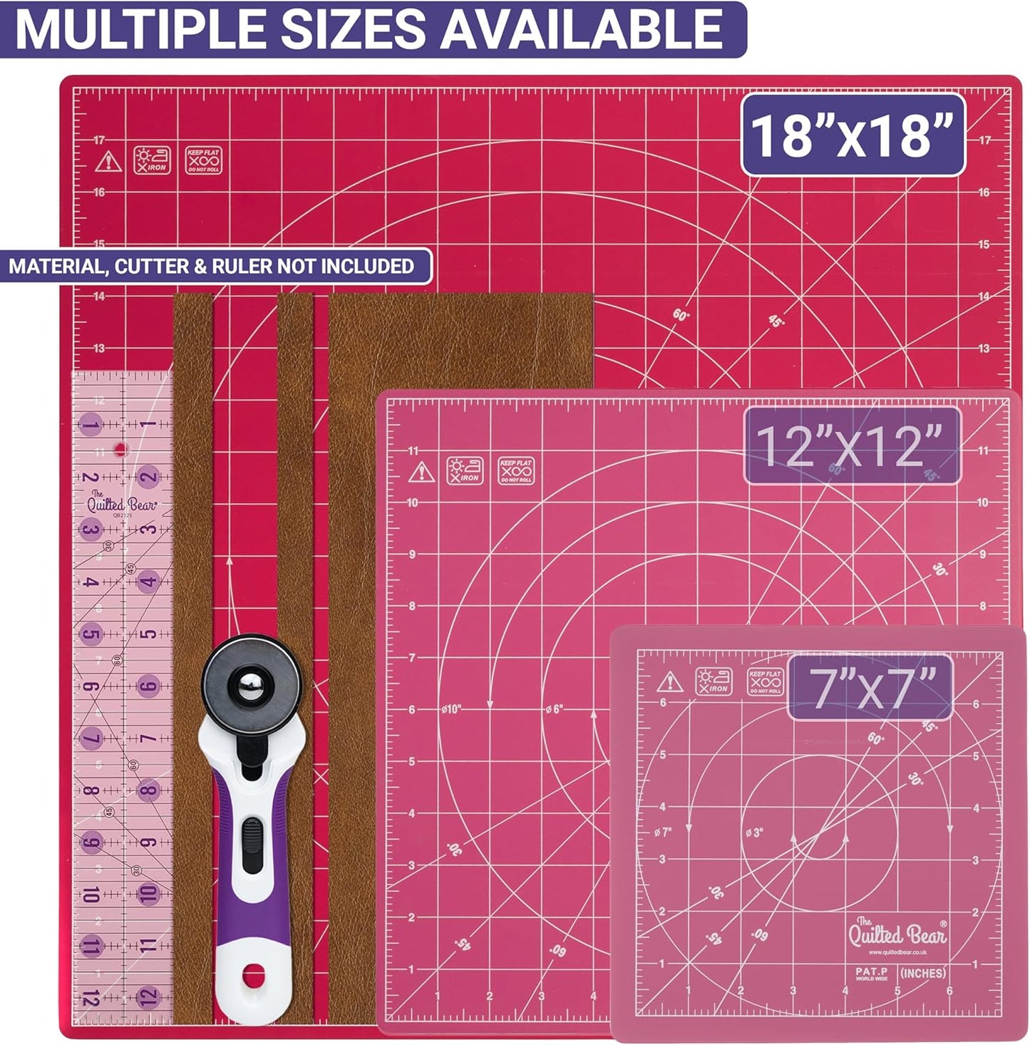 The Quilted Bear Rotating Cutting Mat 18" x 18" - Square 360° Rotating Self Healing Mat with Innovative Locking Mechanism for Quilting & Sewing Your Choice of Colours Available! (Pink)