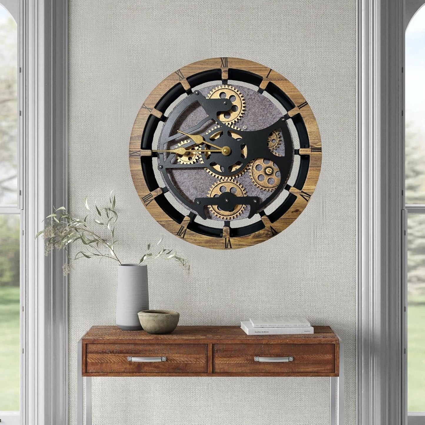 The Gears Clock 16 inches Wall Clock with Real Moving Gears Convertible into a Big Mantel Clock (Wood & Stone)