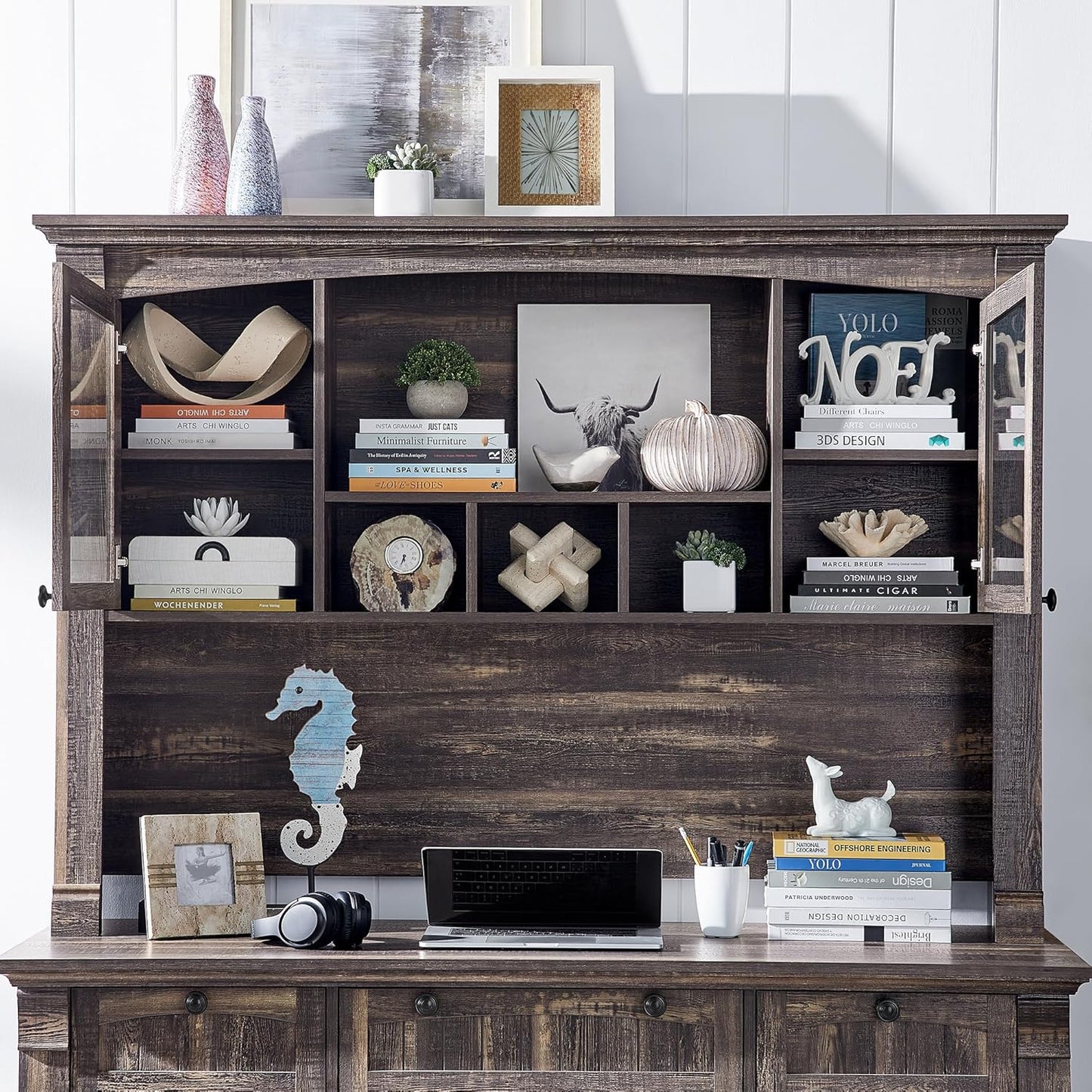 OKD 60" Executive Desk with Hutch and Drawers, Farmhouse Home Office Desk with Charging Station, Keyboard Tray, File Cabinet Storage, Wood Computer Desk for Work and Study, Dark Rustic Oak