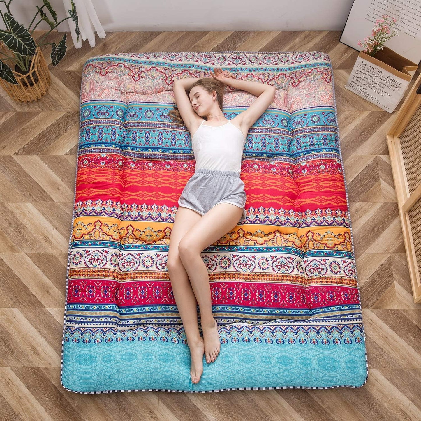 MAXYOYO Bohemian Retro Vintage Floral Japanese Futon Mattress Roll Up Tatami Floor Mat Foldable Bed Portable Camping Mattress Sleeping Pad Floor Lounger Couch Bed, King